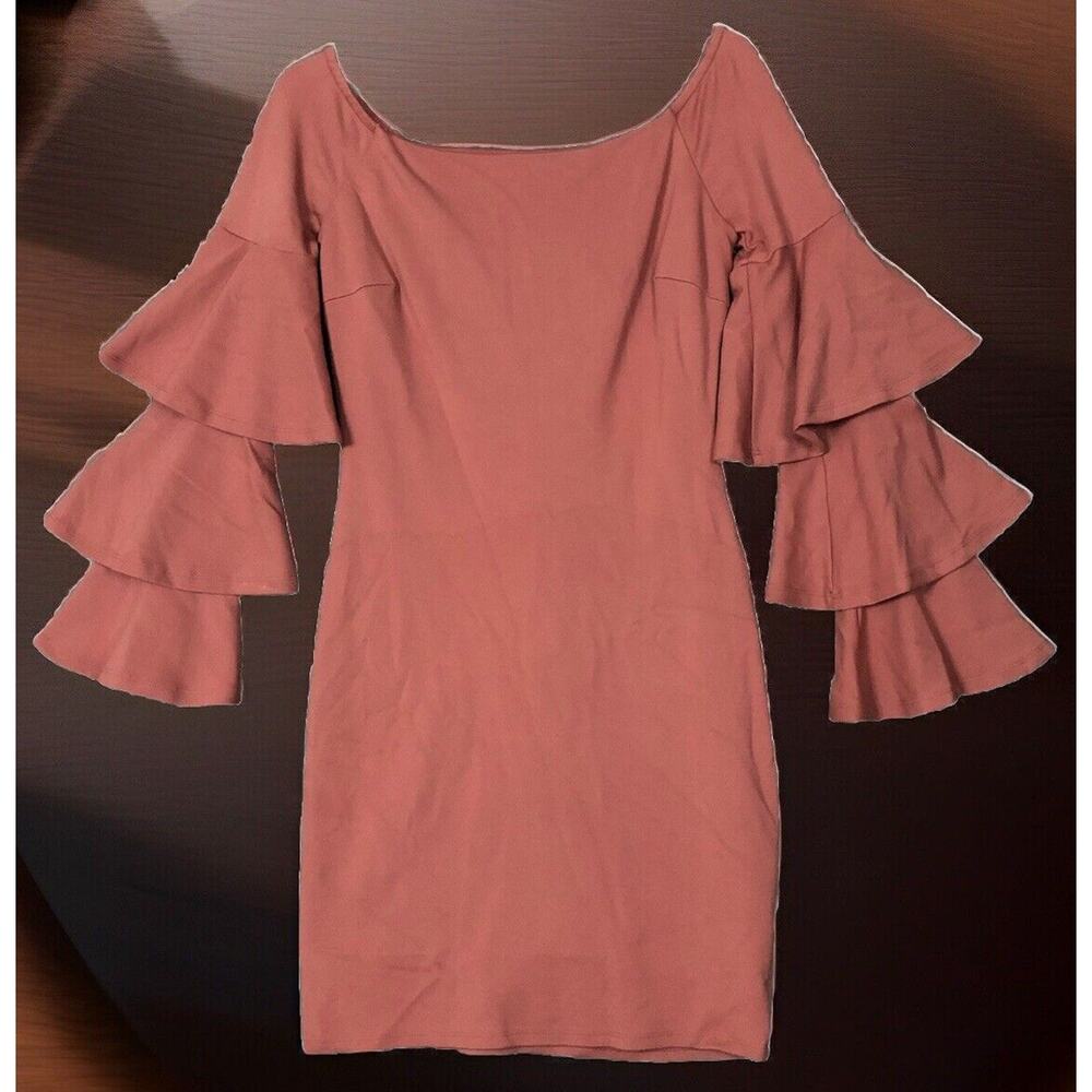 Gianni Bini Midi Dress S Tinsley Off The Shoulder Triple Bell-SLV Pink Bohemian